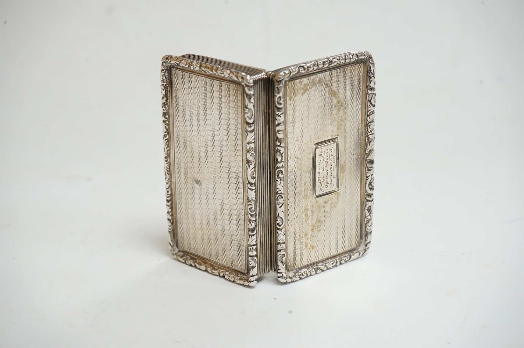A William IV engine turned silver rectangular snuff box, by William Pugh, Birmingham, 1831?, 72mm.